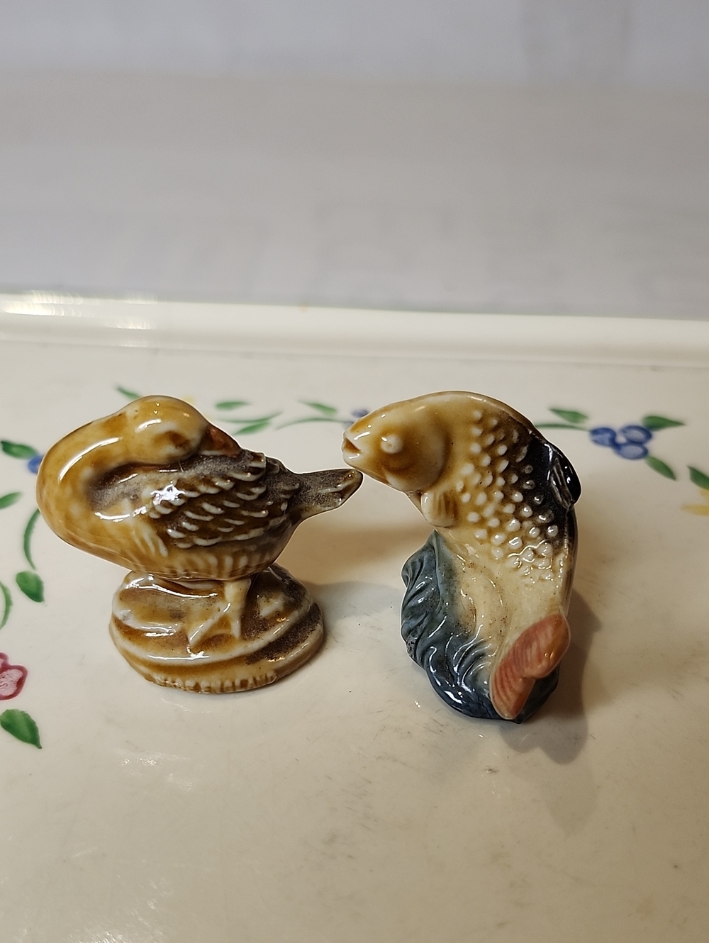 Wade Ceramic Bird and Fish Figurine Set in Brown and Cream England